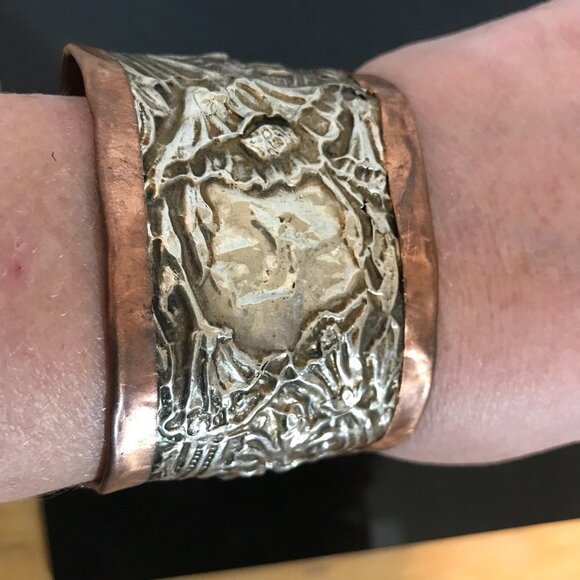 Antique Victorian Sterling Silver Green Man Copper Cuff 925 Bracelet Art nouveau - Picture 7 of 8